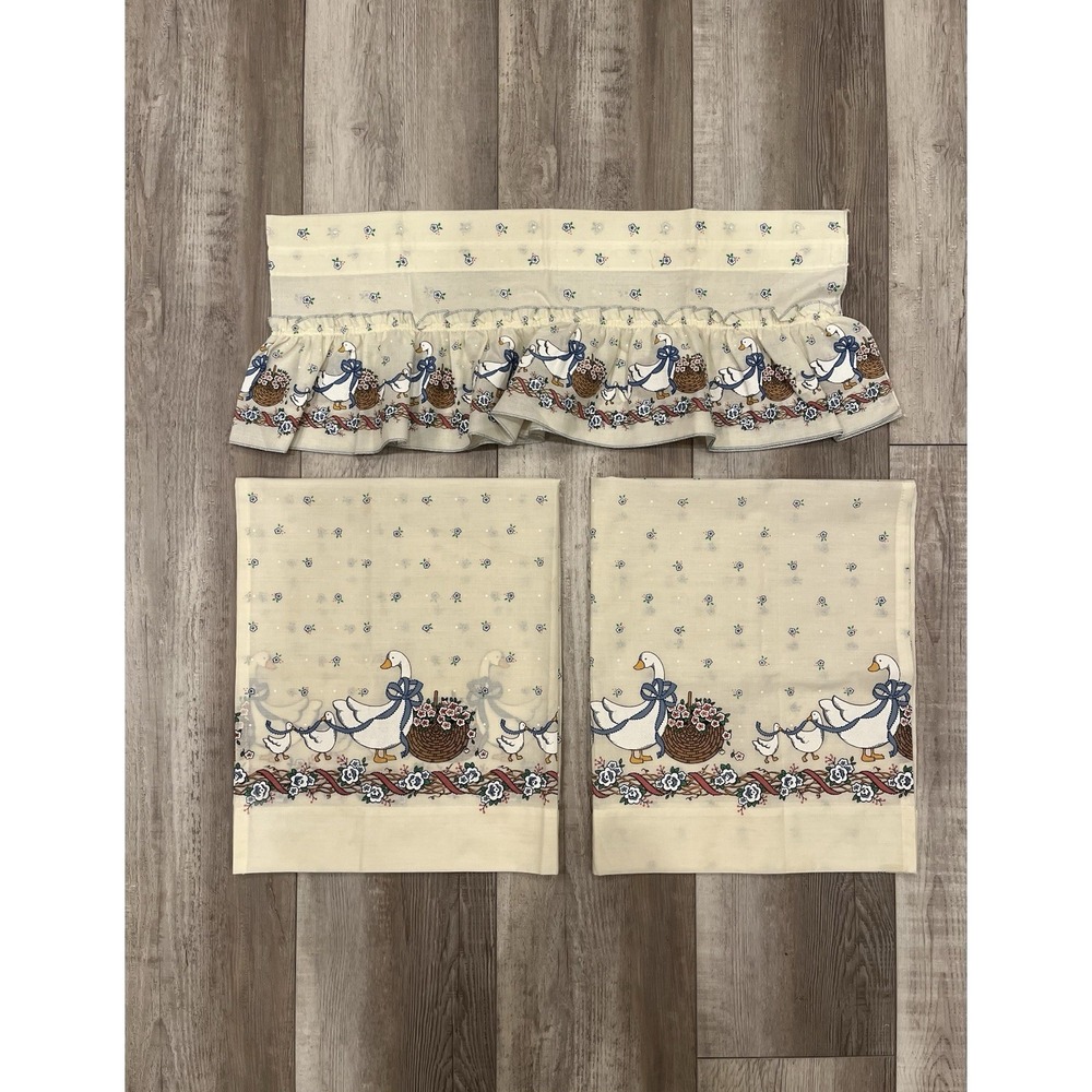 Country Goose Curtain Panels Valance Set Vintage 1980s Cottage Farmhouse Decor